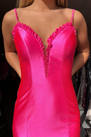 Fuchsia Spaghetti Straps Satin Mermaid Long Prom Dress with Slit