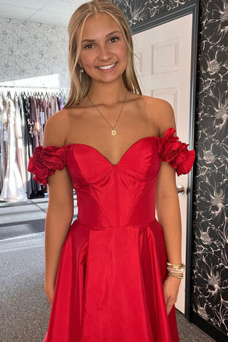 Red A-Line Off the Shoulder Satin Long Corset Prom Dress with Slit