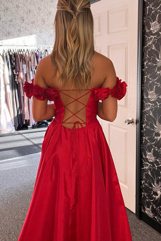 Red A-Line Off the Shoulder Satin Long Corset Prom Dress with Slit