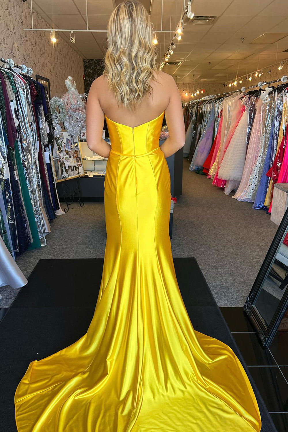 Yellow Strapless Satin Ruched Mermaid Long Prom Dress with Bow