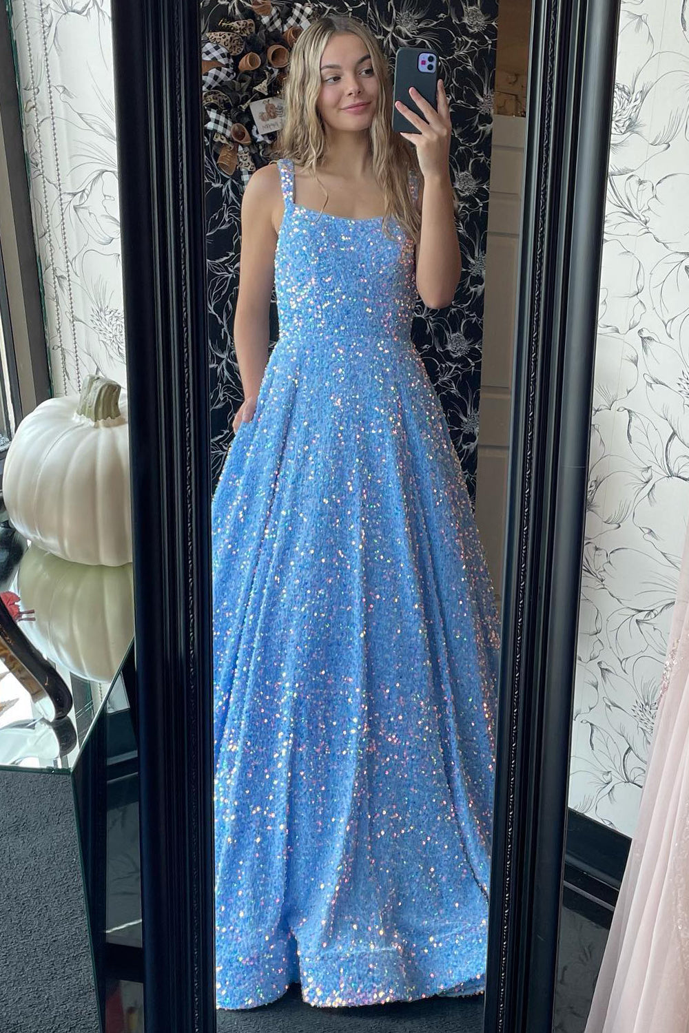 Sparkly Blue Spaghetti Straps A-Line Sequins Long Prom Dress
