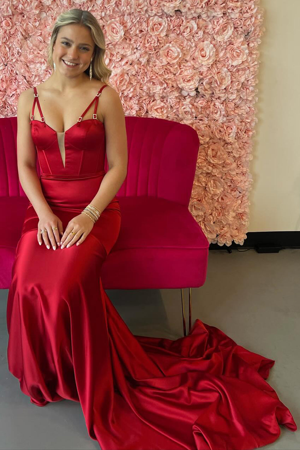 Burgundy Spaghetti Straps Satin Mermaid Long Corset Prom Dress 