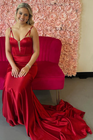 Burgundy Spaghetti Straps Satin Mermaid Long Corset Prom Dress 