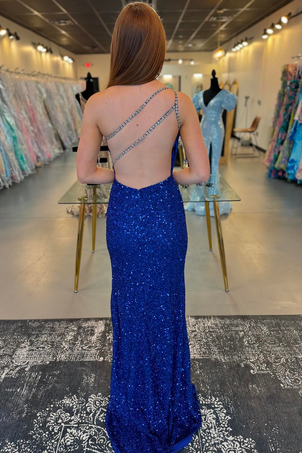 Royal Blue One Shoulder Sequins Cut-out Mermaid Long Prom Dress with Slit