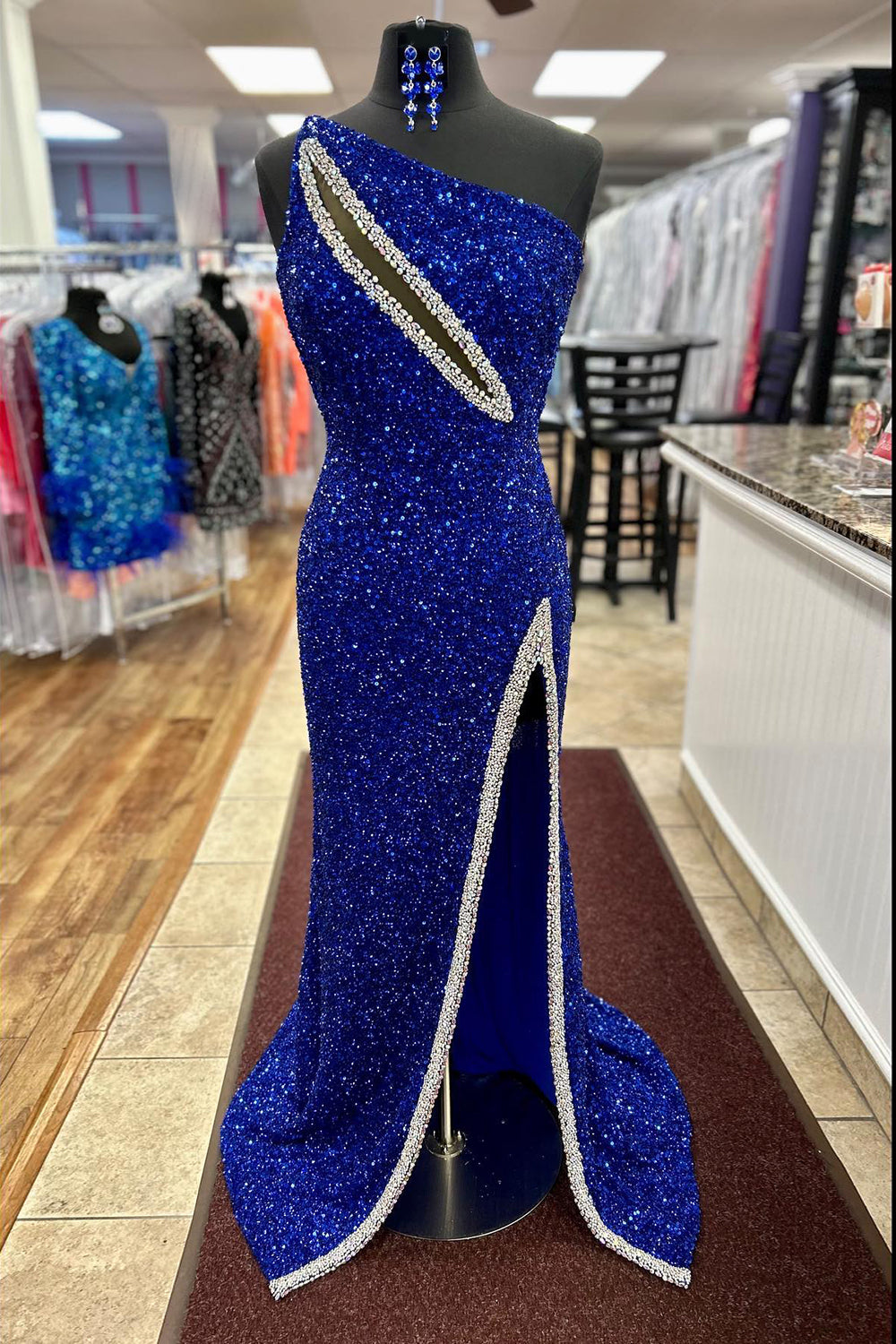 Royal Blue One Shoulder Sequins Cut-out Mermaid Long Prom Dress with Slit