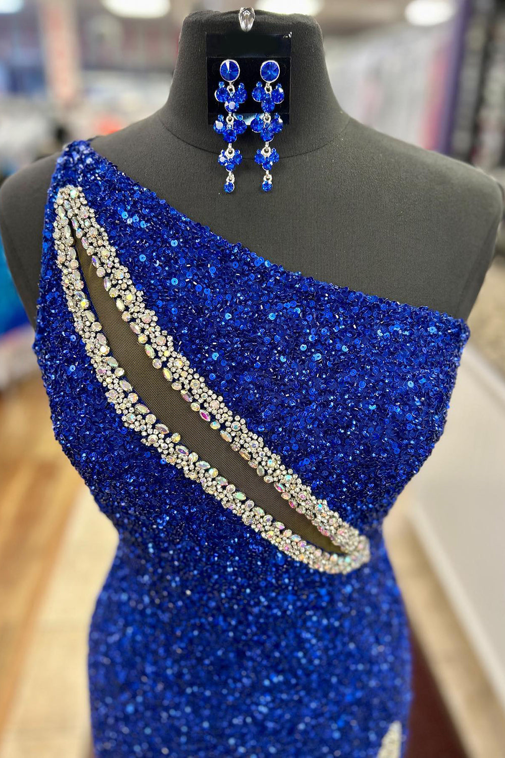 Royal Blue One Shoulder Sequins Cut-out Mermaid Long Prom Dress with Slit