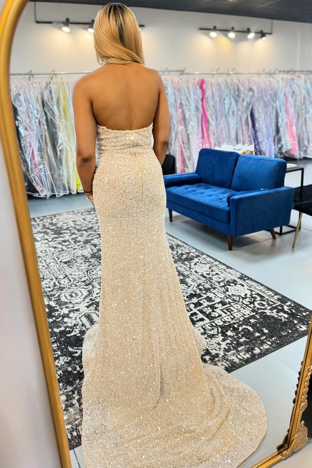 Sparkly Champagne Halter Neck Sequins Mermaid Long Prom Dress with Slit