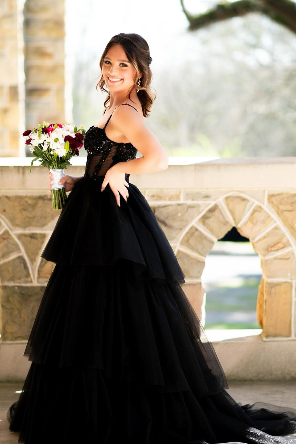 Black Spaghetti Straps A-Line Tulle Tiered Long Corset Prom Dress with Appliques