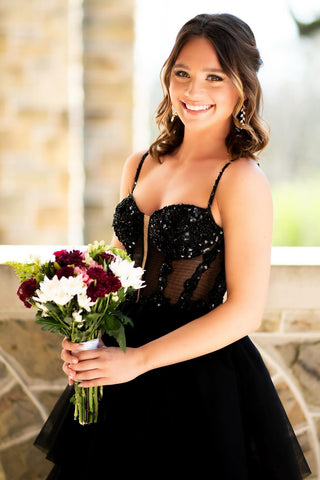 Black Spaghetti Straps A-Line Tulle Tiered Long Corset Prom Dress with Appliques
