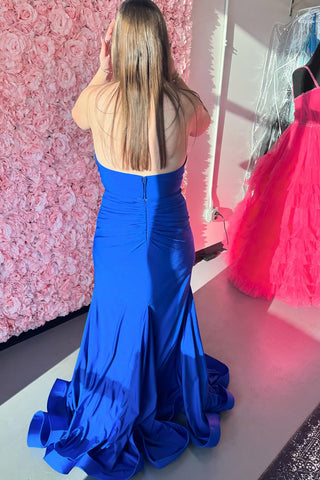 Royal Blue Halter Neck Satin Mermaid Long Prom Dress with Slit