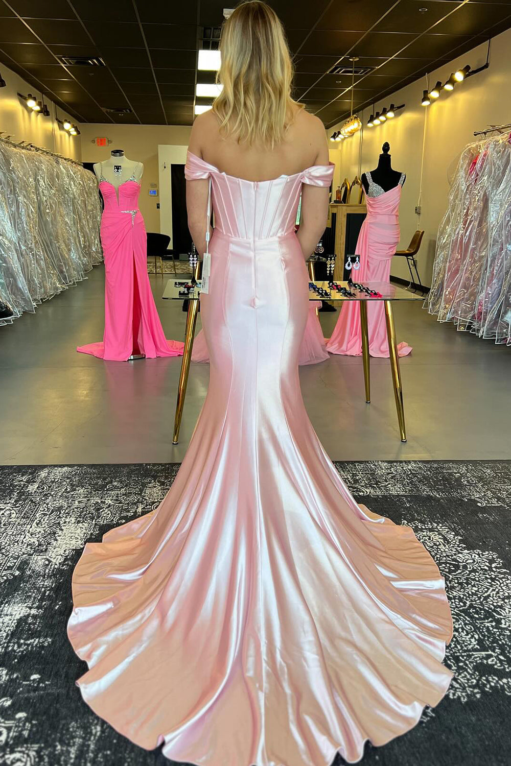 Light Pink Off the Shoulder Satin Mermaid Long Corset Prom Dress 