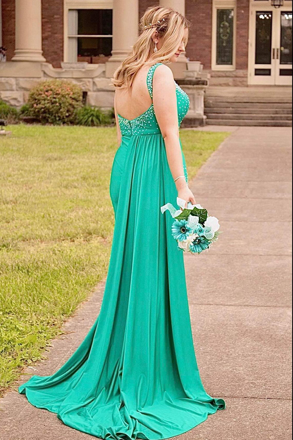 Green Spaghetti Straps Satin Mermaid Long Prom Dress with Beading