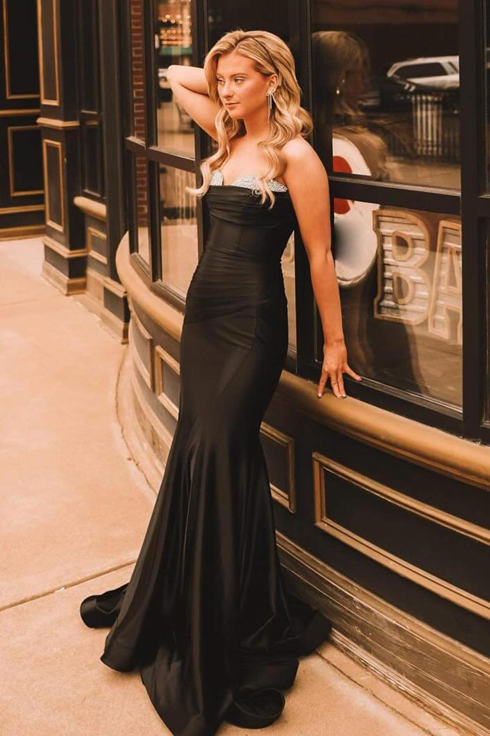Black Strapless Ruched Satin Mermaid Long Prom Dress with Beading