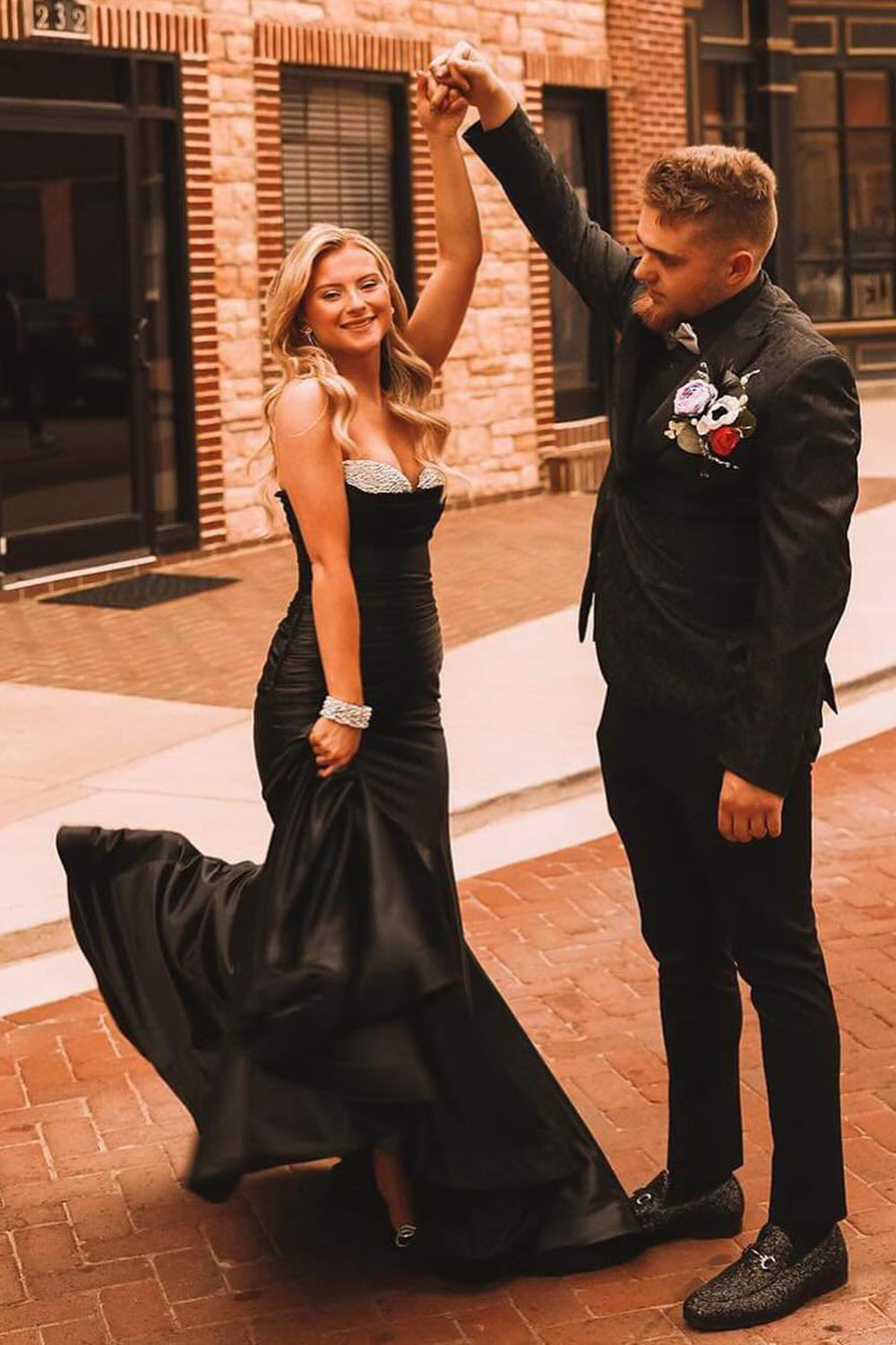 Black Strapless Ruched Satin Mermaid Long Prom Dress with Beading