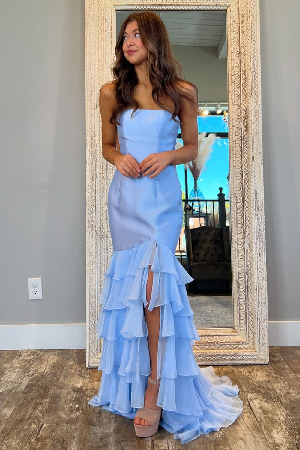 Trendy Blue Strapless Mermaid Tiered Long Prom Dress with Slit
