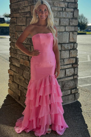 Trendy Blue Strapless Mermaid Tiered Long Prom Dress with Slit
