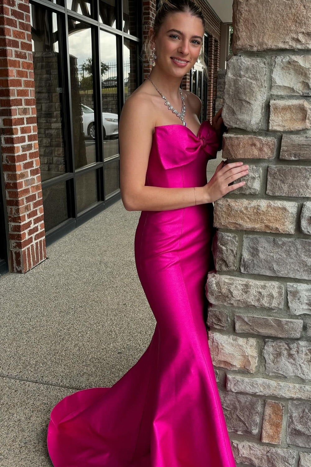 Fuchsia Sweetheart Satin Mermaid Long Prom Dress with Bow