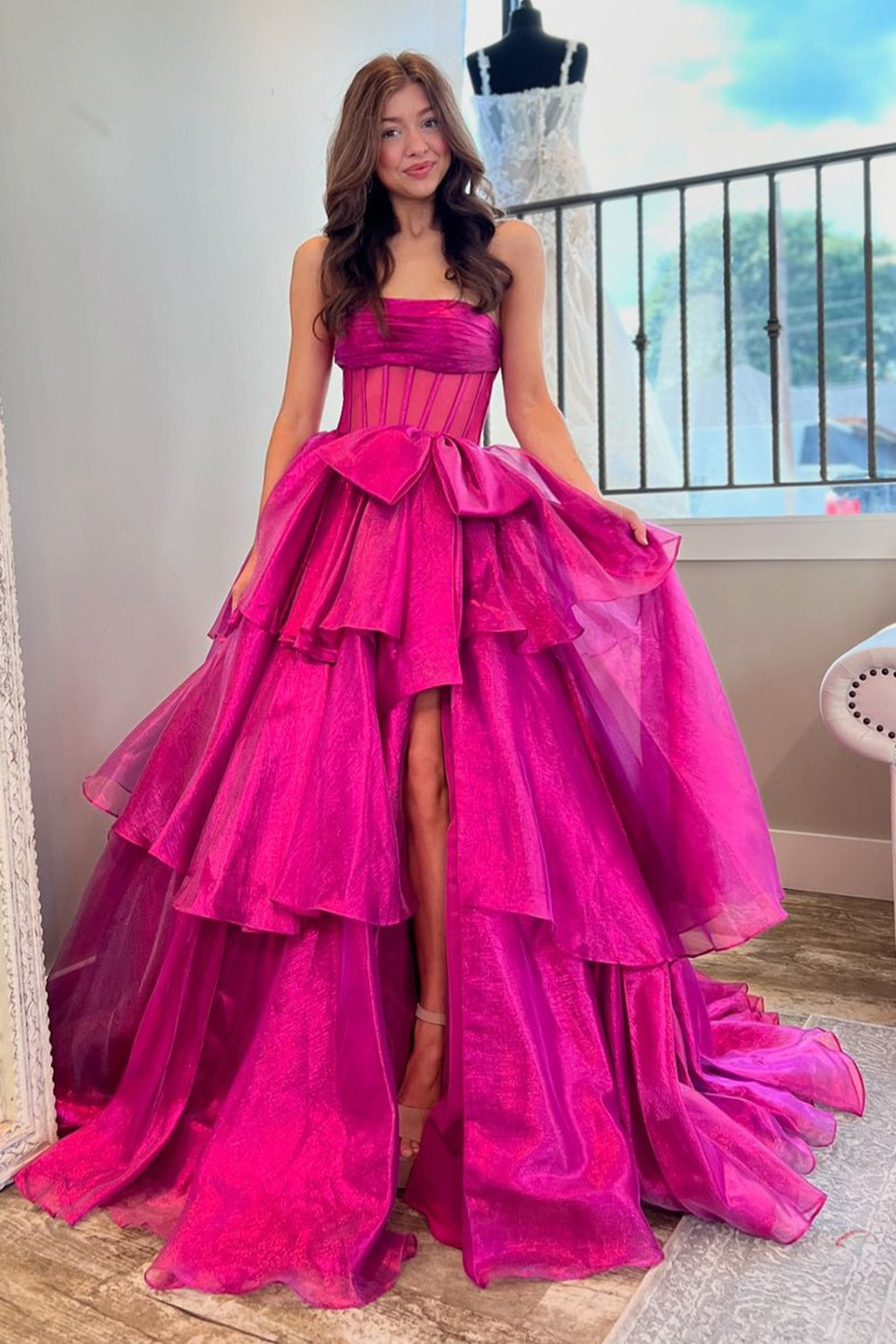Chic Fuchsia Strapless A-Line Tiered Long Corset Prom Dress with Slit