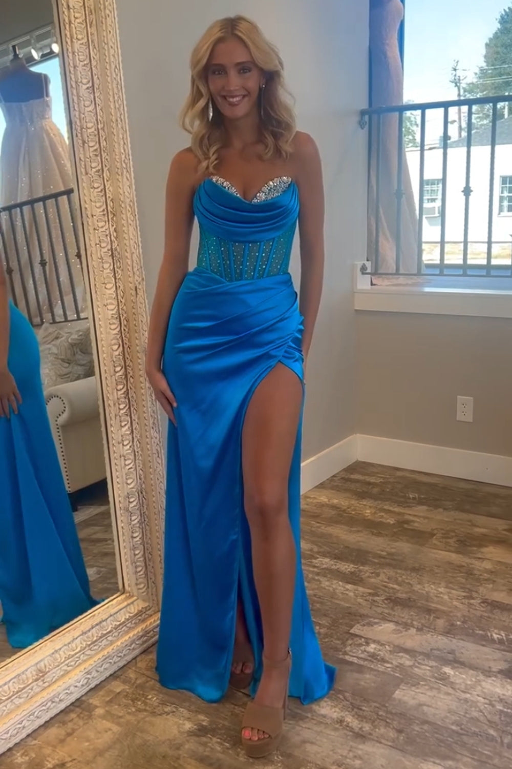 Royal Blue Sweetheart Satin Mermaid Long Corset Prom Dress with Beading