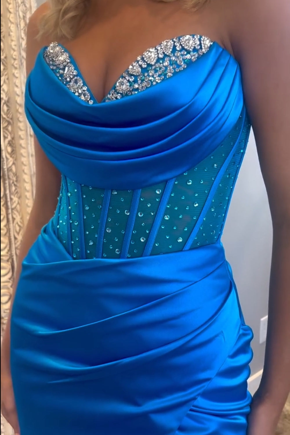 Royal Blue Sweetheart Satin Mermaid Long Corset Prom Dress with Beading