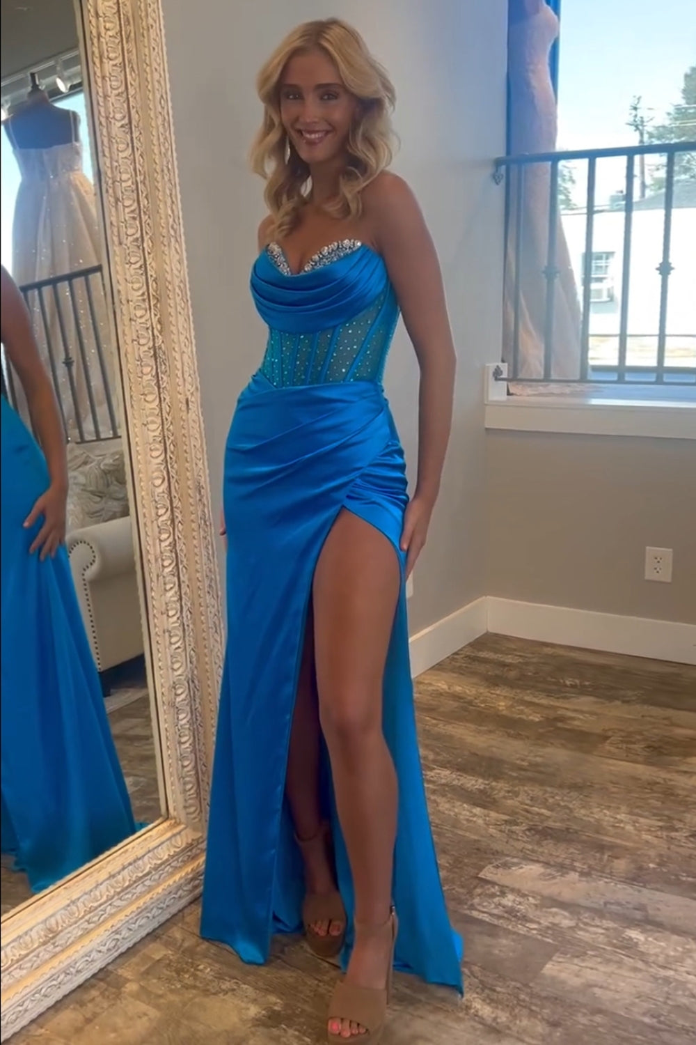 Royal Blue Sweetheart Satin Mermaid Long Corset Prom Dress with Beading