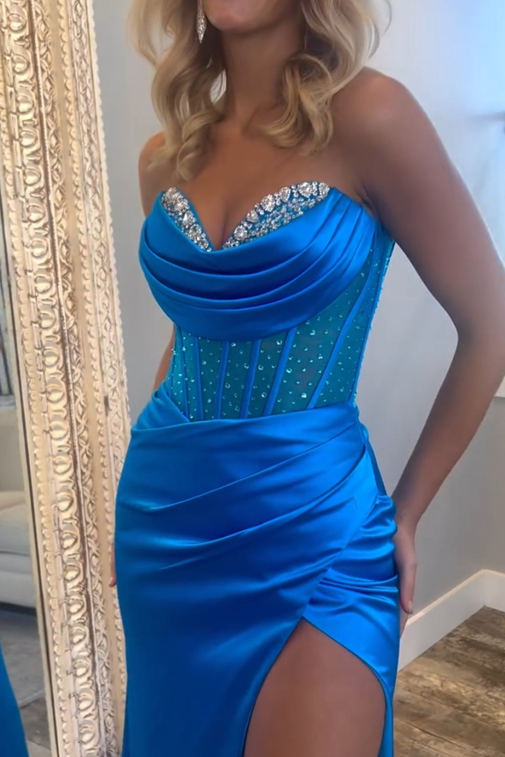 Royal Blue Sweetheart Satin Mermaid Long Corset Prom Dress with Beading