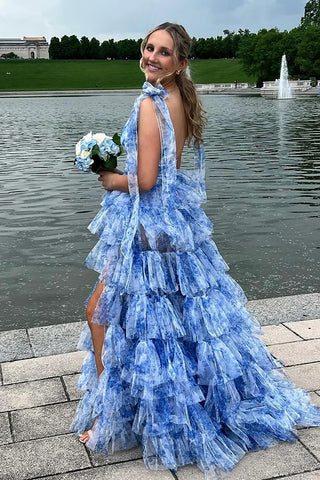 Blue Floral Printed V-neck A-Line Tiered Long Prom Dress with Slit
