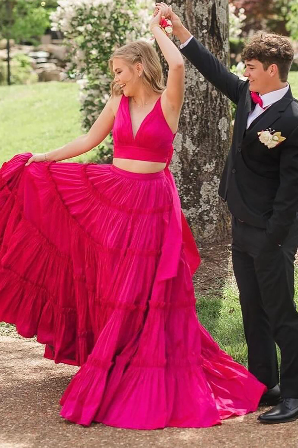 Fuchsia V-neck A-Line Satin Tiered Two Pieces Long Prom Dress