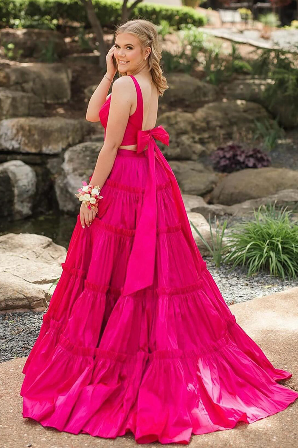 Fuchsia V-neck A-Line Satin Tiered Two Pieces Long Prom Dress