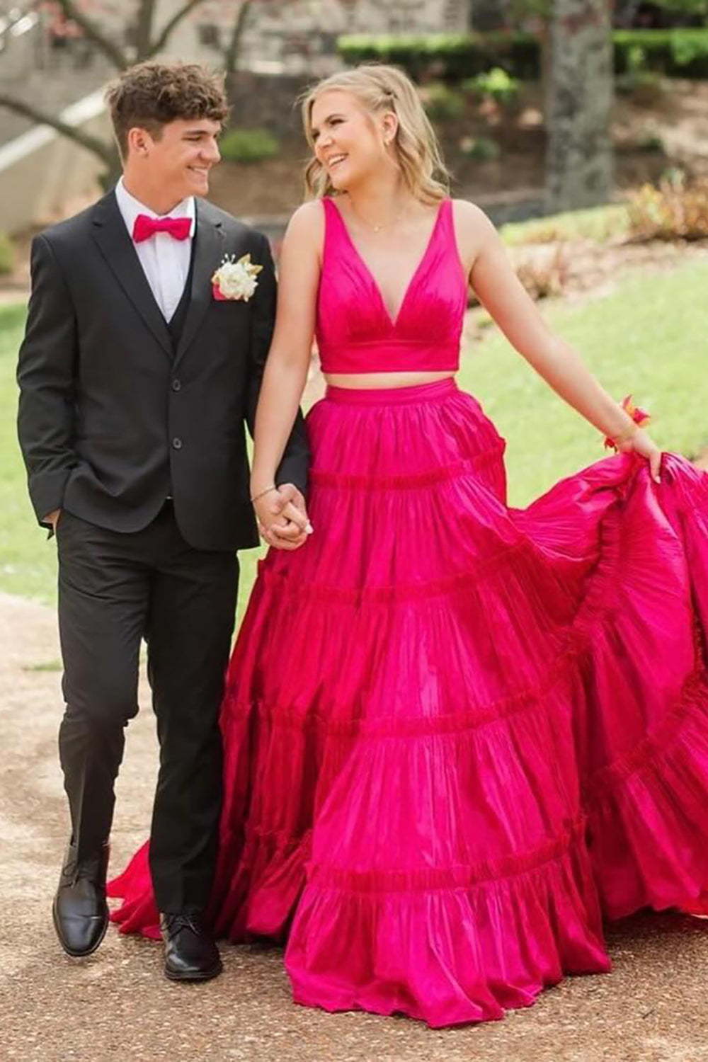 Fuchsia V-neck A-Line Satin Tiered Two Pieces Long Prom Dress