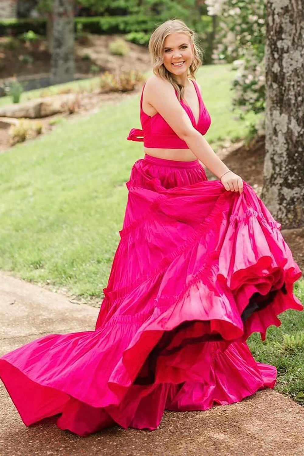 Fuchsia V-neck A-Line Satin Tiered Two Pieces Long Prom Dress