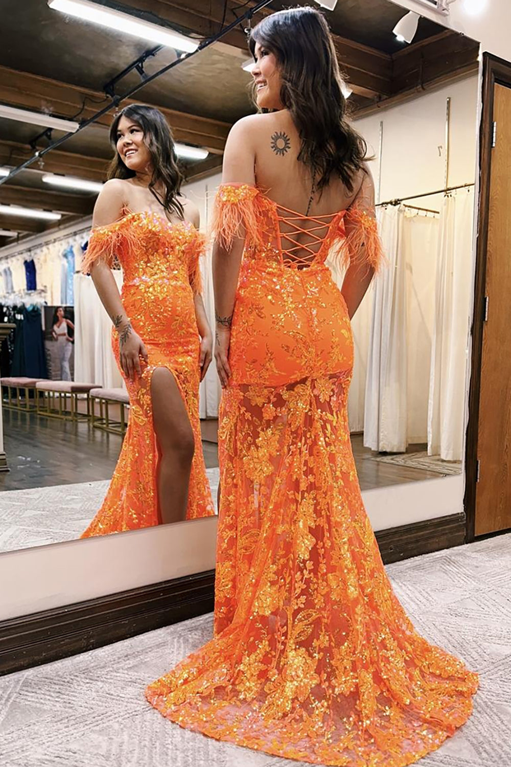 Sparkly Orange Off the Shoulder Sequins Mermaid Long Prom Dress with Feather