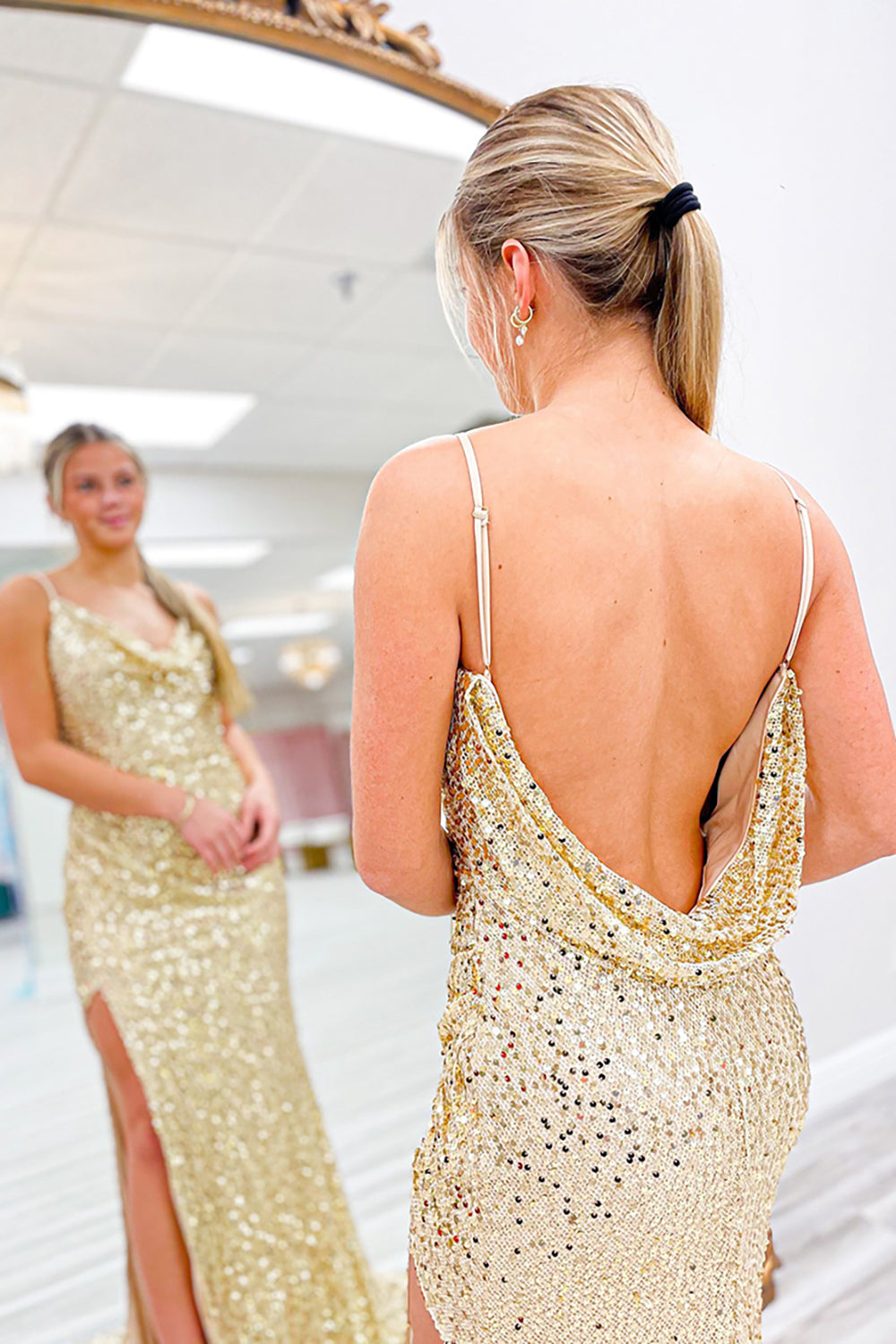 Sparkly Gold Spaghetti Straps Mermaid Sequin Open Back Long Prom Dress with Slit