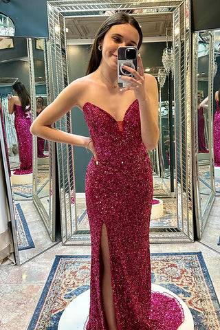 Sparkly Fuchsia Sequins Sweetheart Mermaid Long Prom Dress with Slit