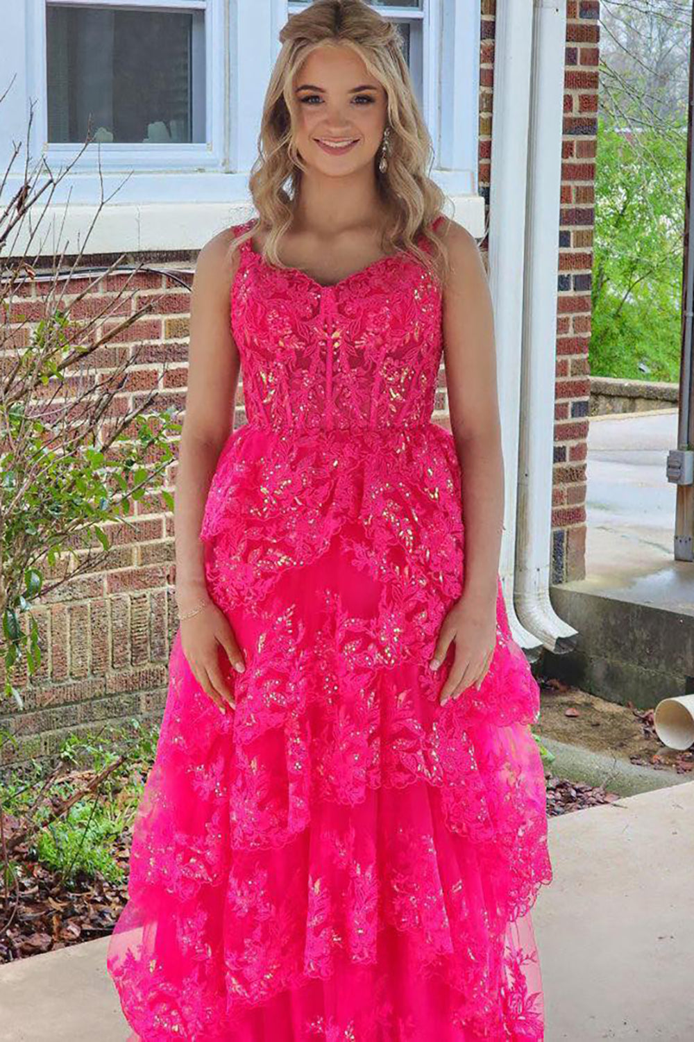 Fuchsia Spaghetti Straps A-line Tiered Long Corset Prom Dress with Appliques