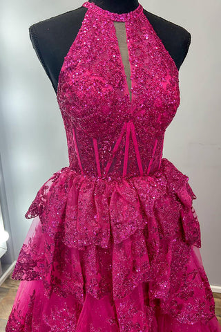 Royal Blue Sequins Halter Neck Tiered Corset A Line Long Prom Dress with Slit