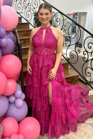 Royal Blue Sequins Halter Neck Tiered Corset A Line Long Prom Dress with Slit