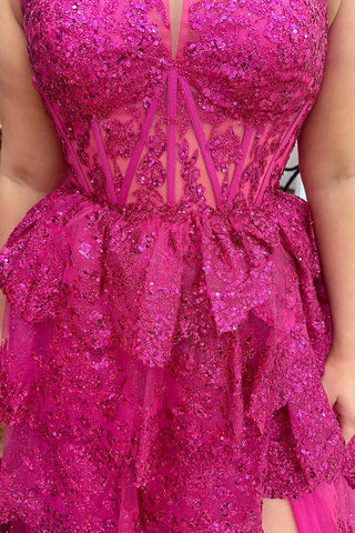 Royal Blue Sequins Halter Neck Tiered Corset A Line Long Prom Dress with Slit