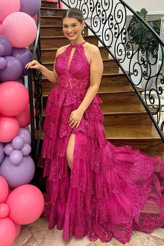 Royal Blue Sequins Halter Neck Tiered Corset A Line Long Prom Dress with Slit