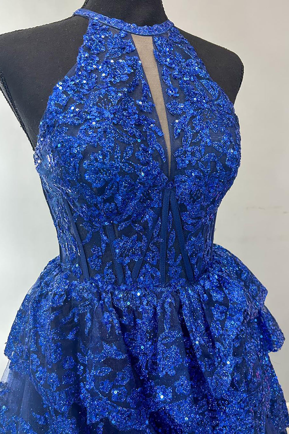 Royal Blue Sequins Halter Neck Tiered Corset A Line Long Prom Dress with Slit