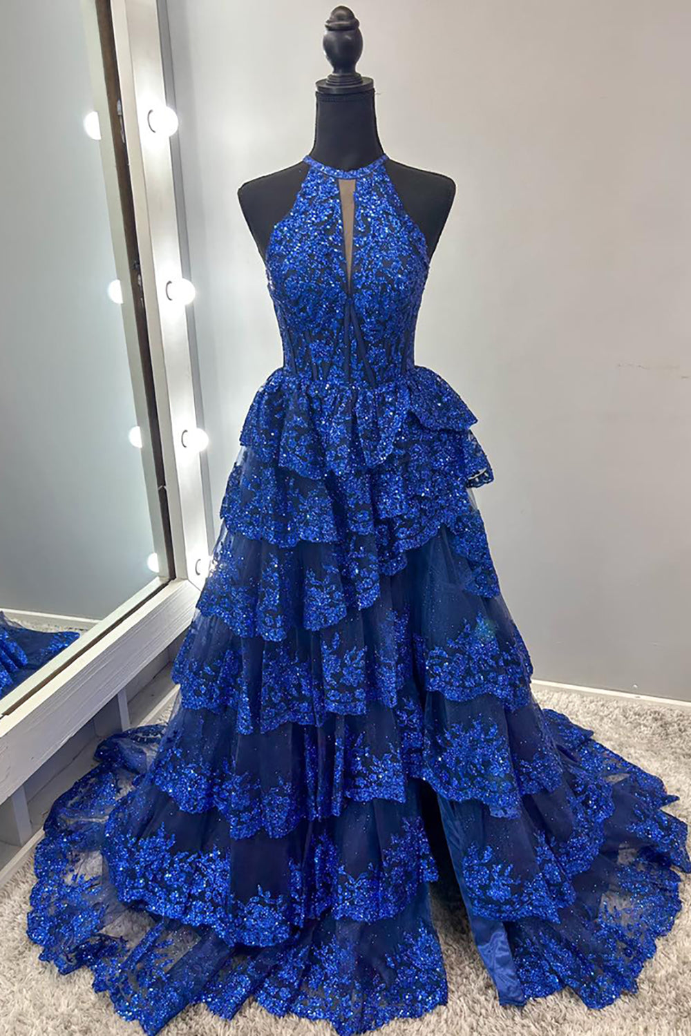 Royal Blue Sequins Halter Neck Tiered Corset A Line Long Prom Dress with Slit