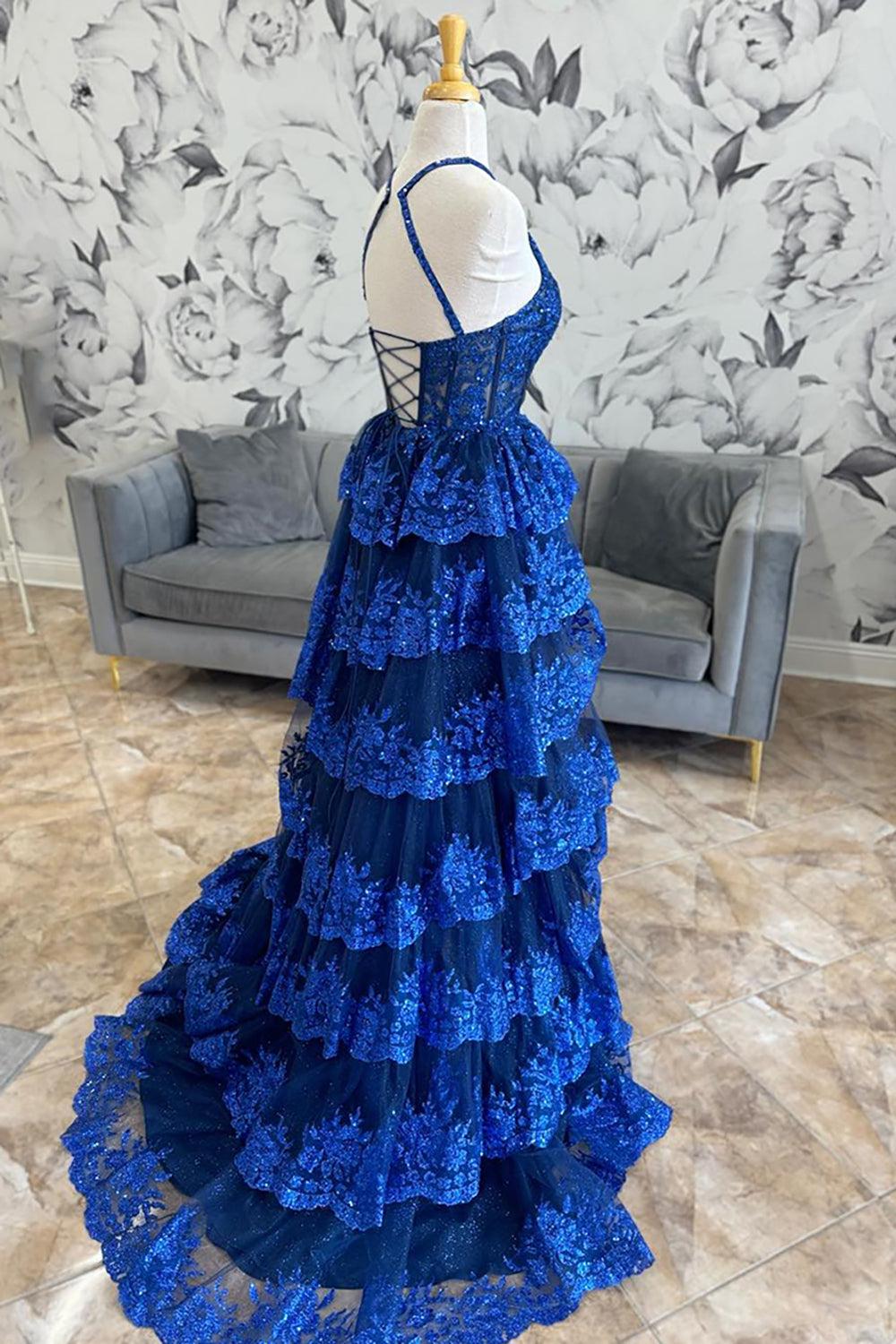 Royal Blue Sequins Halter Neck Tiered Corset A Line Long Prom Dress with Slit