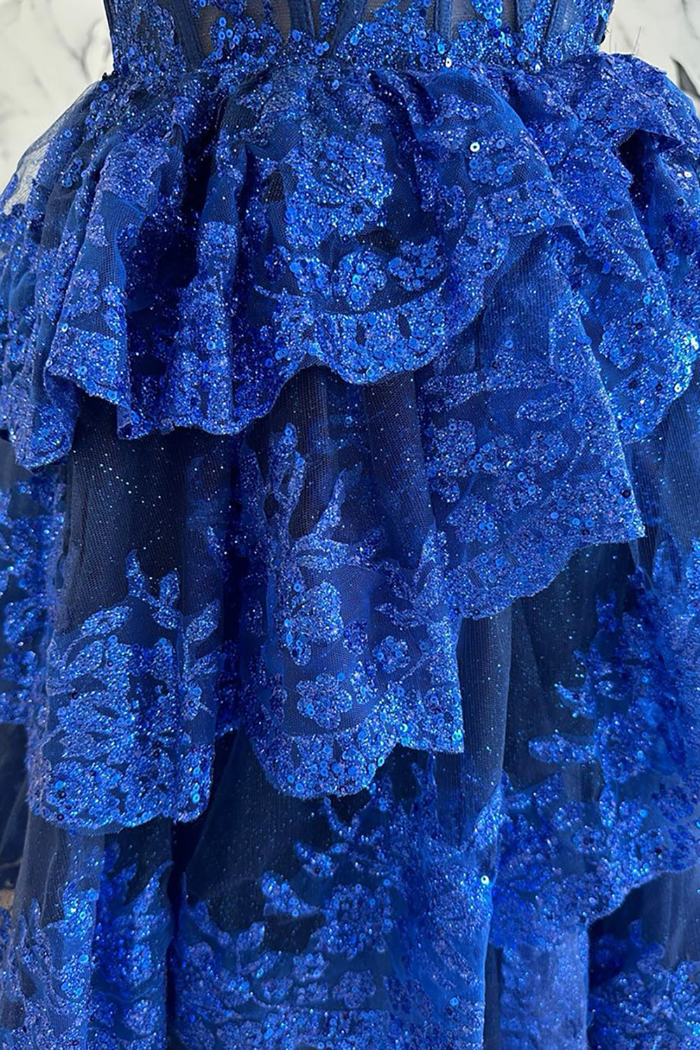 Royal Blue Sequins Halter Neck Tiered Corset A Line Long Prom Dress with Slit