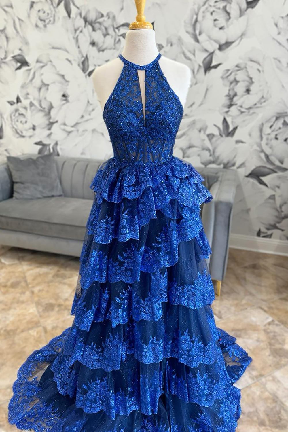 Royal Blue Sequins Halter Neck Tiered Corset A Line Long Prom Dress with Slit