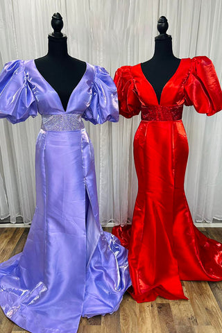 Lavender V Neck Mermaid Puff Sleeves Long Prom Dress with Beading