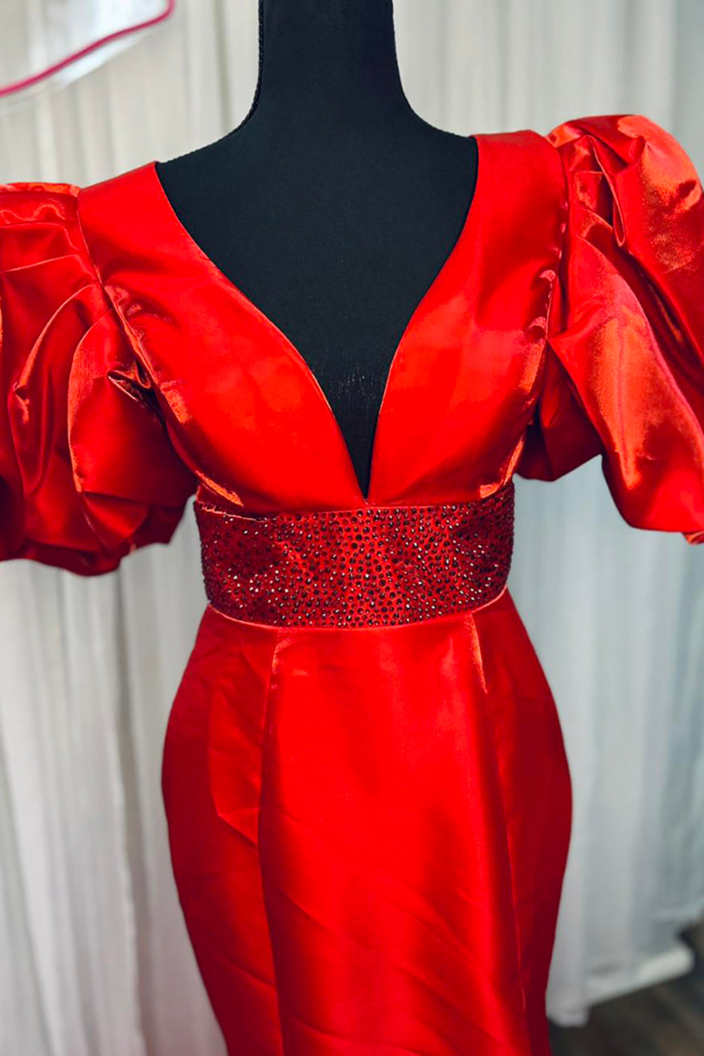 Lavender V Neck Mermaid Puff Sleeves Long Prom Dress with Beading