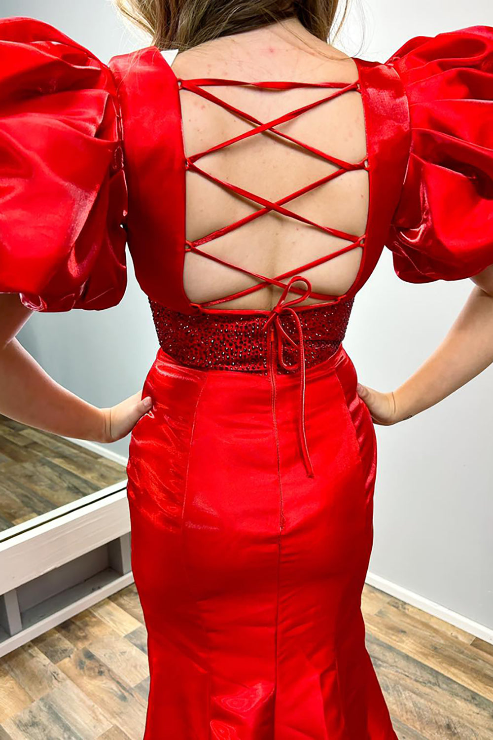 Lavender V Neck Mermaid Puff Sleeves Long Prom Dress with Beading