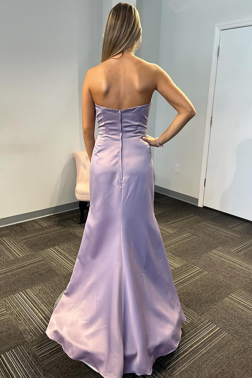 Elegant Lilac Satin Mermaid Strapless Long Prom Dress with Slit