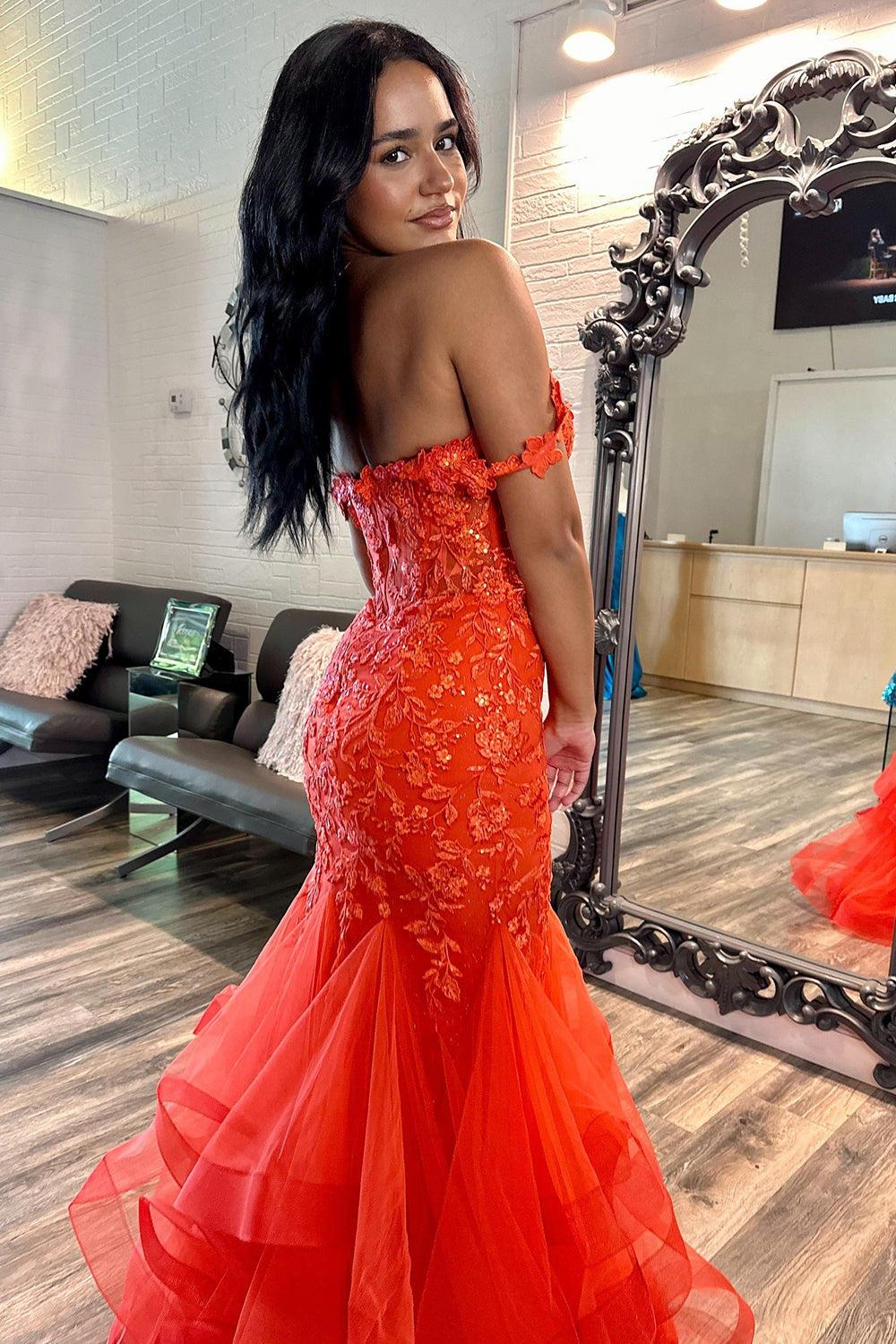 Orange Off the Shoulder Mermaid Tiered Long Corset Prom Dress with Appliques