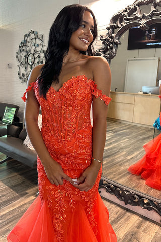 Orange Off the Shoulder Mermaid Tiered Long Corset Prom Dress with Appliques